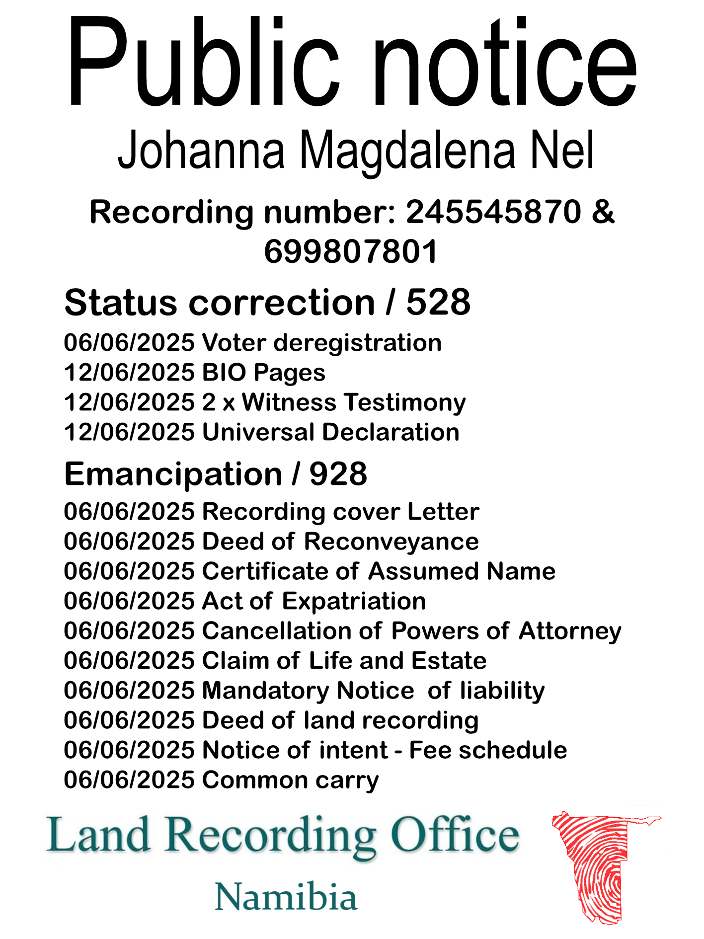 Public Notice Johanna Magdalena Nel (c) Recording number 245545870 & 699807801